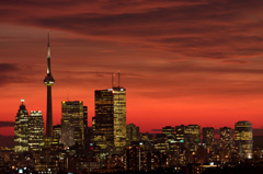 The Toronto, Ontario skyline at sunset