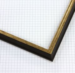 This 3/4 " profile frame features a very small edged extended back design with a subtle lip, finished in a striking combination of black and gold. The contrast between the deep black edge and radiant gold leaf creates a sophisticated, timeless look ideal for fine art and elegant displays.
